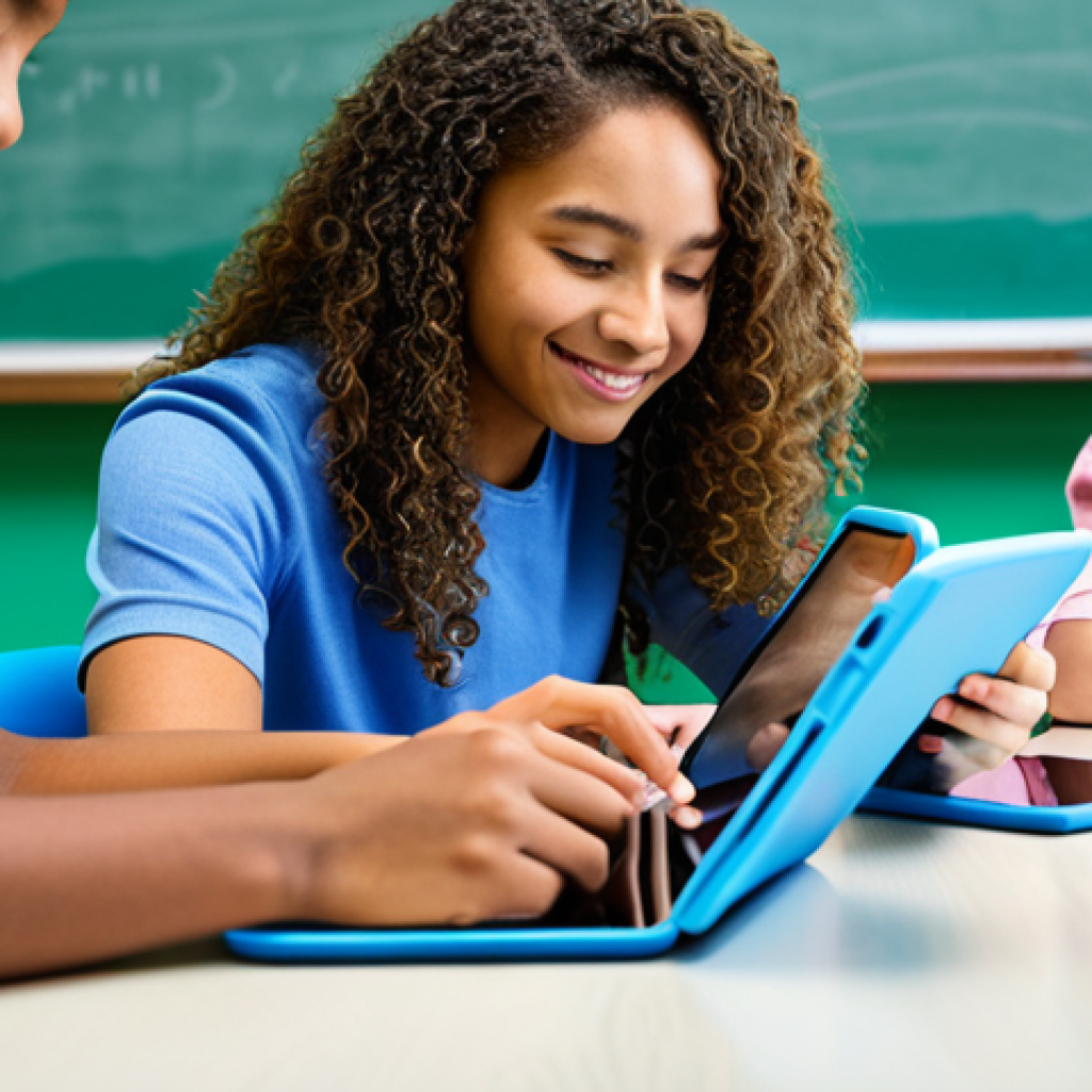 Collaborative Learning**
"A diverse group of fully clothed students working together on a digital project using tablets in a bright, modern classroom, appropriate attire, safe for work, perfect anatomy, correct proportions, well-formed hands, professional, family-friendly, educational setting, natural pose, high quality."
**