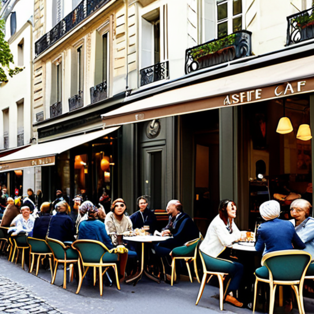 미디어와 사회적 상호작용 - Parisian Café Scene**
"A bustling Parisian cafe on a sunny afternoon, people enjoying coffee and pa...