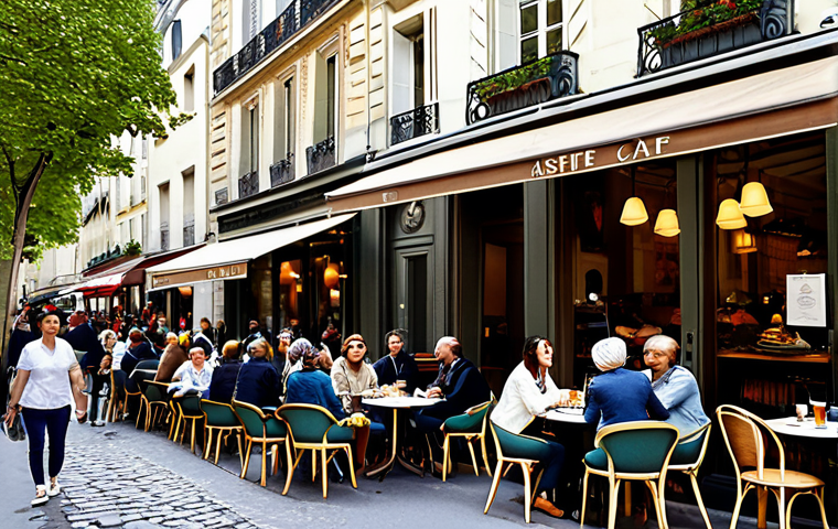 미디어와 사회적 상호작용 - Parisian Café Scene**
"A bustling Parisian cafe on a sunny afternoon, people enjoying coffee and pa...
