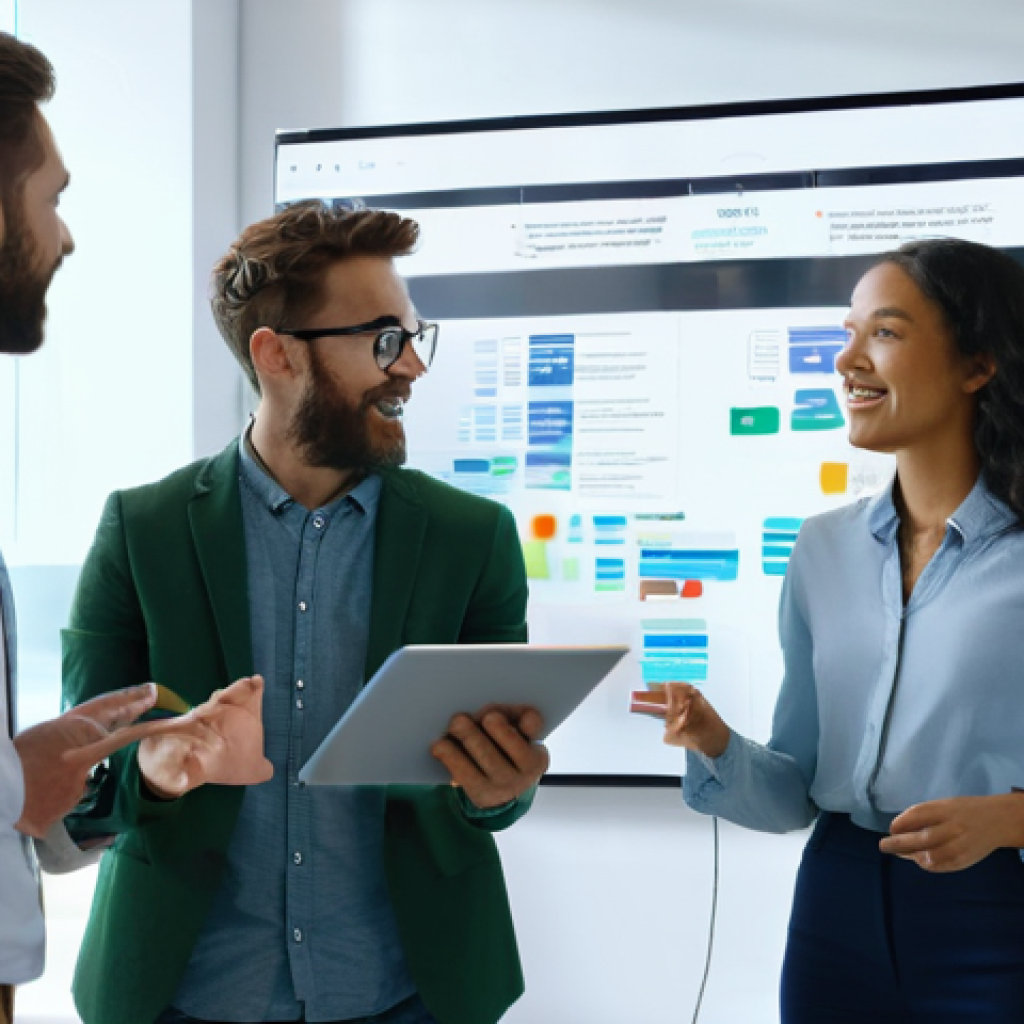 미디어 프로젝트 관리 - **Agile Team Collaboration in a Modern Media Hub**
A vibrant, medium shot of a diverse team of m...