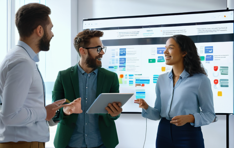 미디어 프로젝트 관리 - **Agile Team Collaboration in a Modern Media Hub**
A vibrant, medium shot of a diverse team of m...