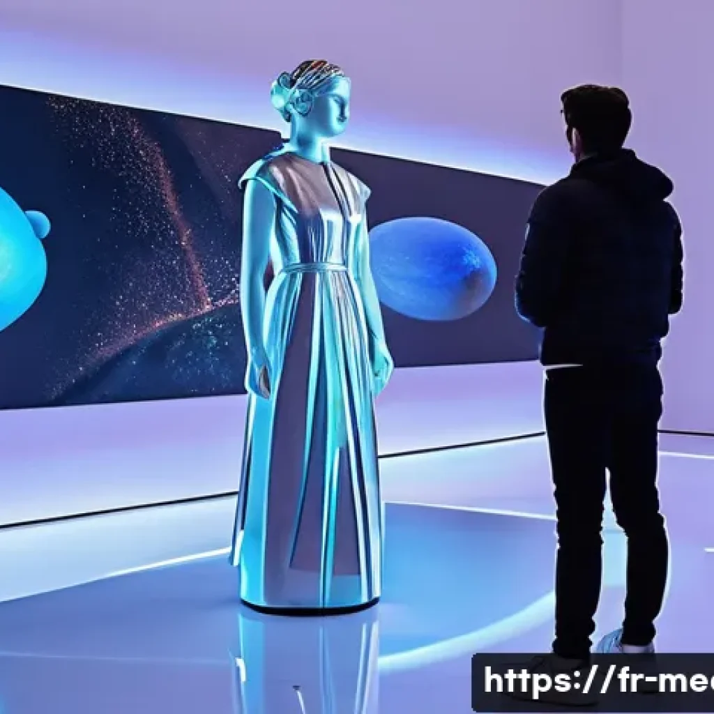 미디어 아트 - A futuristic digital art gallery scene in Paris, showcasing interactive installations with augmented...