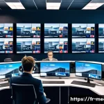 미디어법과 윤리 - A modern newsroom scene in Paris featuring diverse French journalists working collaboratively with a...