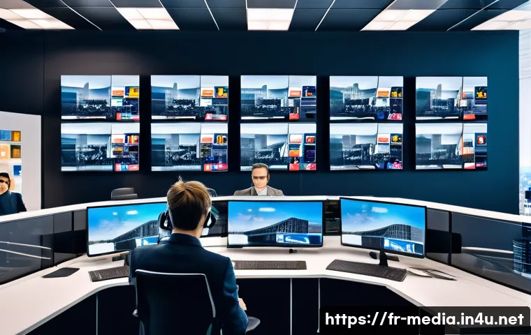 미디어법과 윤리 - A modern newsroom scene in Paris featuring diverse French journalists working collaboratively with a...