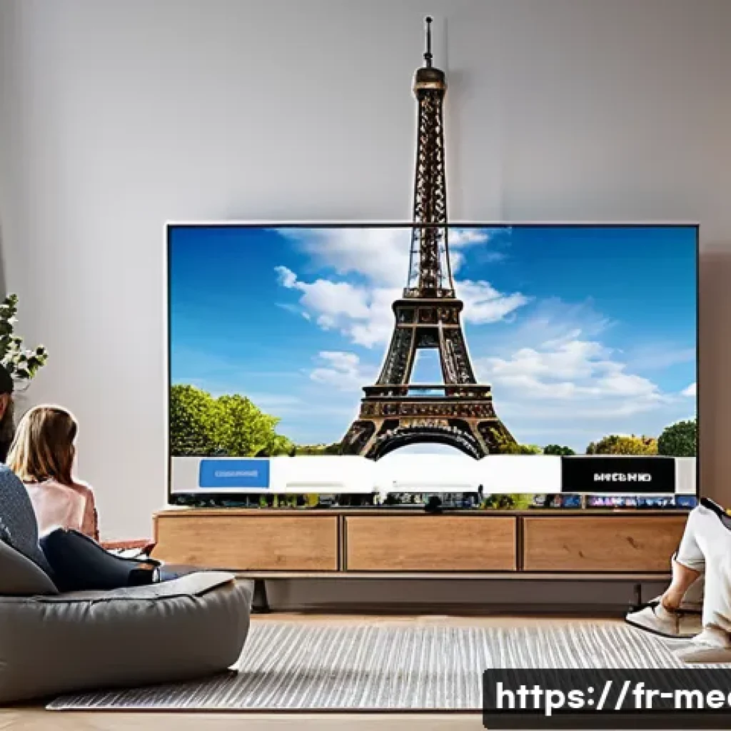 미디어 산업의 다각화 - A modern French living room scene featuring a diverse group of adults casually watching streaming co...