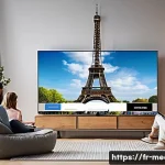 미디어 산업의 다각화 - A modern French living room scene featuring a diverse group of adults casually watching streaming co...