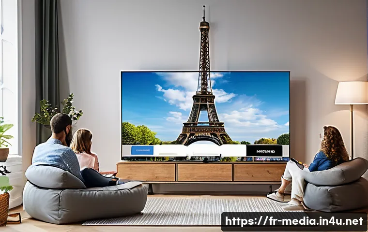 미디어 산업의 다각화 - A modern French living room scene featuring a diverse group of adults casually watching streaming co...