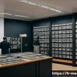 미디어 아카이브 연구 - A detailed scene inside a modern French archival center specializing in media preservation, showing ...
