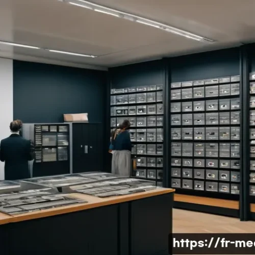 미디어 아카이브 연구 - A detailed scene inside a modern French archival center specializing in media preservation, showing ...