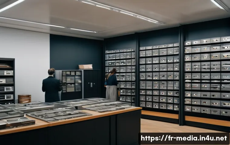 미디어 아카이브 연구 - A detailed scene inside a modern French archival center specializing in media preservation, showing ...