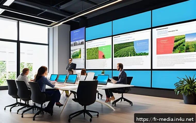 미디어 분석 도구 - A modern digital marketing office scene showing a diverse team of professionals analyzing audience d...