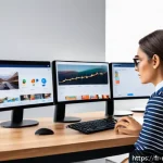 미디어학 심화과정 - A modern digital marketing workspace featuring a young French professional woman sitting at a sleek ...