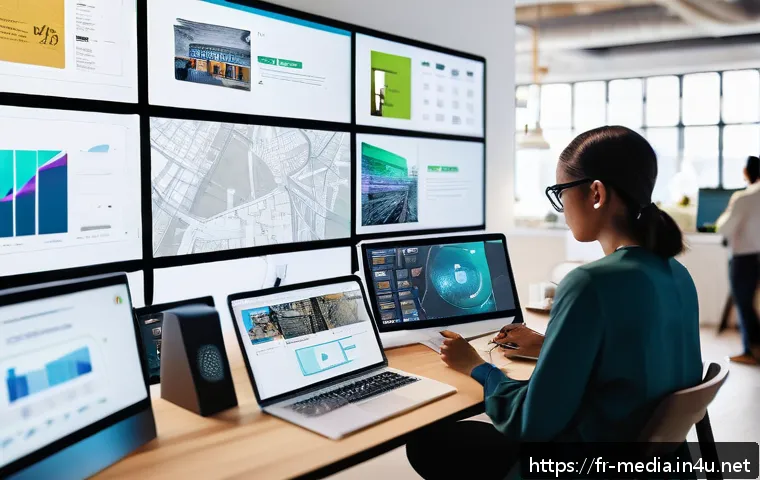 미디어학 관련 직업 - A modern digital newsroom scene showcasing a diverse team of professionals collaborating on interact...