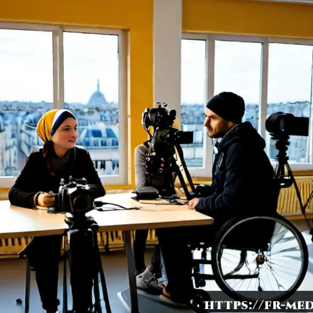 미디어와 인권 - Photorealistic documentary-style scene in a Paris community media studio, a diverse group of French ...