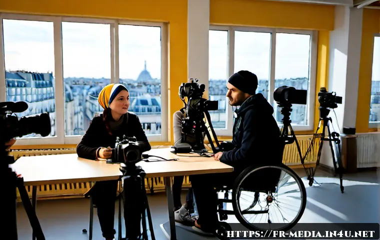 미디어와 인권 - Photorealistic documentary-style scene in a Paris community media studio, a diverse group of French ...